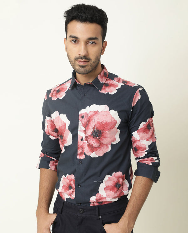 Rare Rabbit Men's Netherss Navy Cotton Fabric Floral Print Full Sleeves Shirt