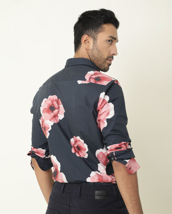 Rare Rabbit Men's Netherss Navy Cotton Fabric Floral Print Full Sleeves Shirt