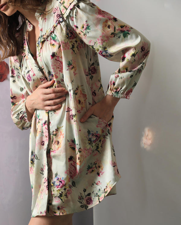 Rareism Women's Penelope Beige Polyester Fabric Ruffled Neck Button Closure Full Sleeve Floral Print  Mini Dress
