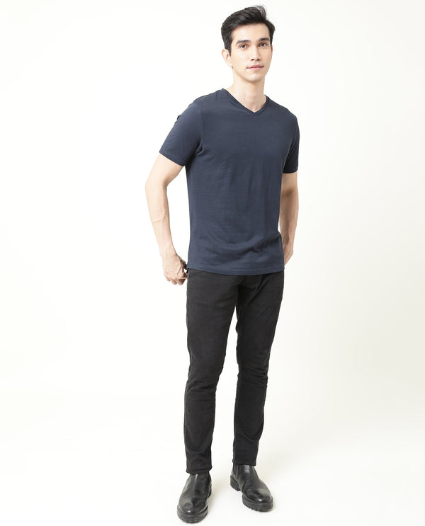 Rare Rabbit Entre Navy Solid V-Neck With Branding on Sleeves Half Sleeves Regular Fit T-Shirt
