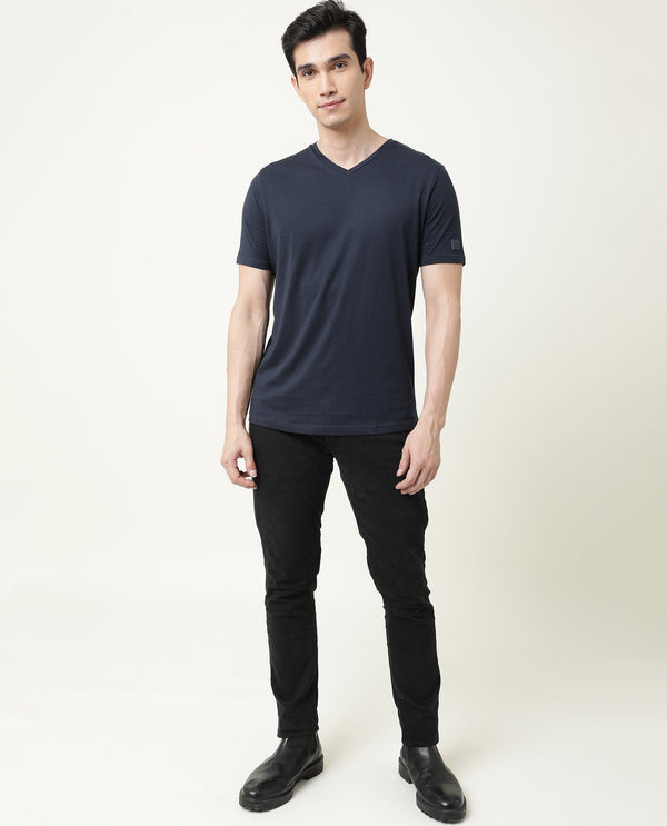 Rare Rabbit Entre Navy Solid V-Neck With Branding on Sleeves Half Sleeves Regular Fit T-Shirt