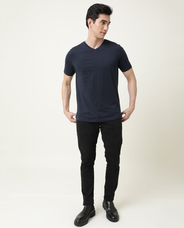 Rare Rabbit Entre Navy Solid V-Neck With Branding on Sleeves Half Sleeves Regular Fit T-Shirt