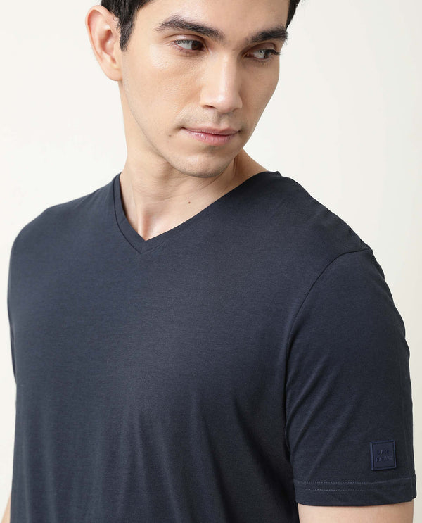 Rare Rabbit Entre Navy Solid V-Neck With Branding on Sleeves Half Sleeves Regular Fit T-Shirt