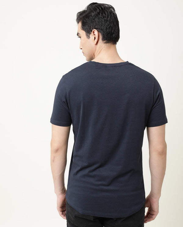 Rare Rabbit Entre Navy Solid V-Neck With Branding on Sleeves Half Sleeves Regular Fit T-Shirt