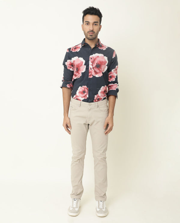 Rare Rabbit Men's Netherss Navy Cotton Fabric Floral Print Full Sleeves Shirt