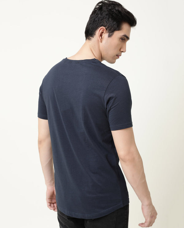 Rare Rabbit Entre Navy Solid V-Neck With Branding on Sleeves Half Sleeves Regular Fit T-Shirt