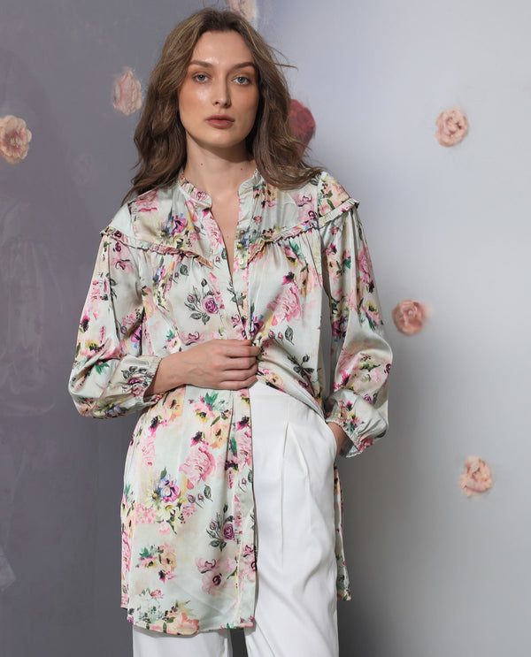 Rareism Women's Penelope Beige Polyester Fabric Ruffled Neck Button Closure Full Sleeve Floral Print  Mini Dress