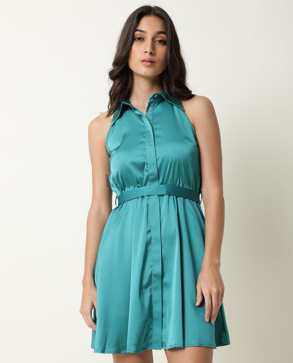 Rareism Women Sulphur Dark Petrol Halter Neck Shirt Collar Front Placket With Fabric Waist Belt And Pockets Mini Dress