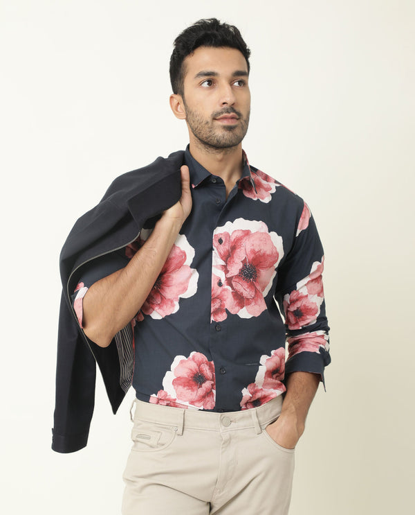 Rare Rabbit Men's Netherss Navy Cotton Fabric Floral Print Full Sleeves Shirt