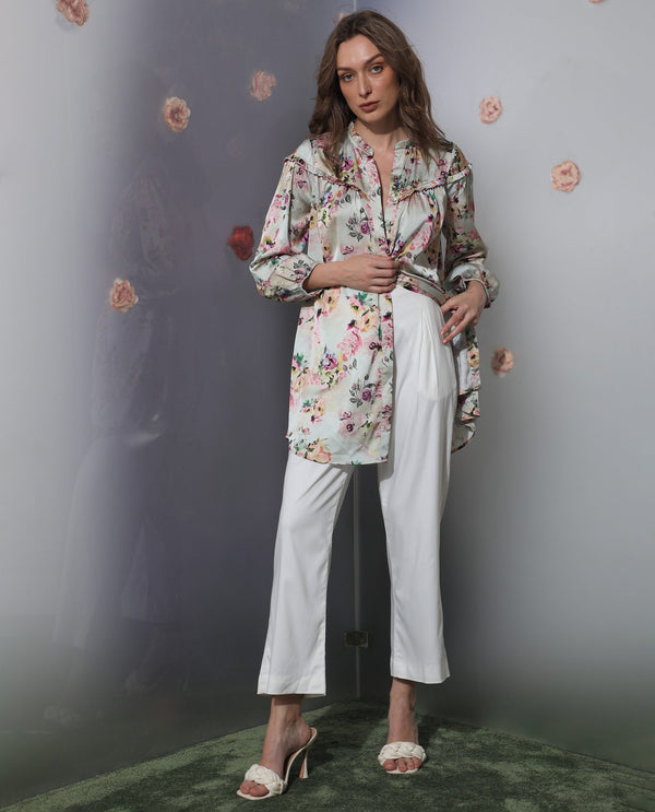 Rareism Women's Penelope Beige Polyester Fabric Ruffled Neck Button Closure Full Sleeve Floral Print  Mini Dress