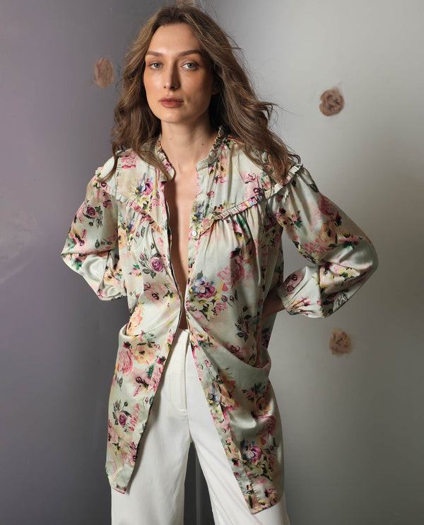 Rareism Women's Penelope Beige Polyester Fabric Ruffled Neck Button Closure Full Sleeve Floral Print  Mini Dress