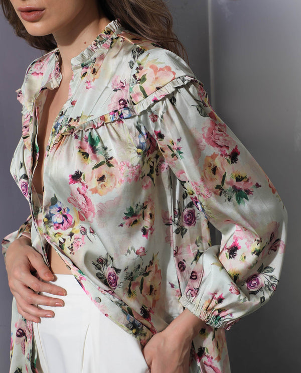 Rareism Women's Penelope Beige Polyester Fabric Ruffled Neck Button Closure Full Sleeve Floral Print  Mini Dress