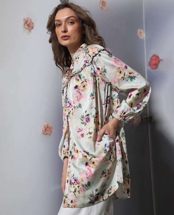 Rareism Women's Penelope Beige Polyester Fabric Ruffled Neck Button Closure Full Sleeve Floral Print  Mini Dress