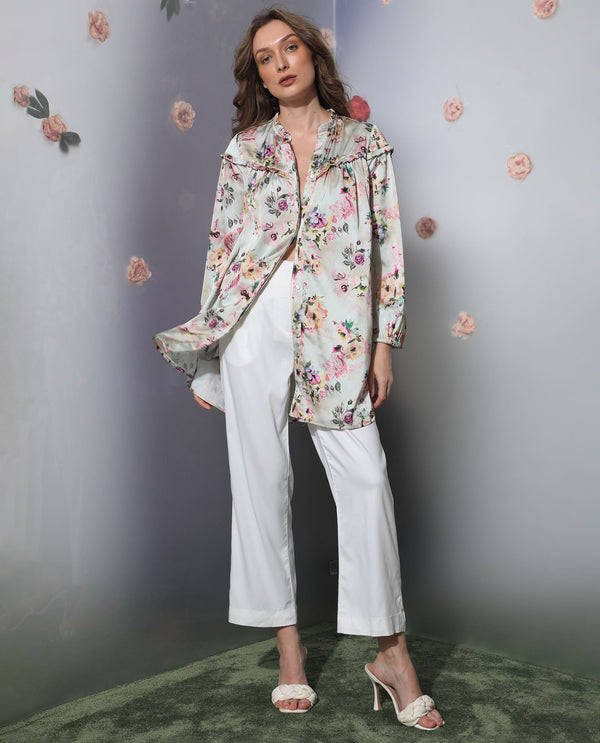 Rareism Women's Penelope Beige Polyester Fabric Ruffled Neck Button Closure Full Sleeve Floral Print  Mini Dress