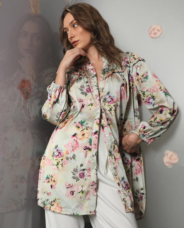 Rareism Women's Penelope Beige Polyester Fabric Ruffled Neck Button Closure Full Sleeve Floral Print  Mini Dress