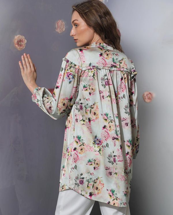 Rareism Women's Penelope Beige Polyester Fabric Ruffled Neck Button Closure Full Sleeve Floral Print  Mini Dress