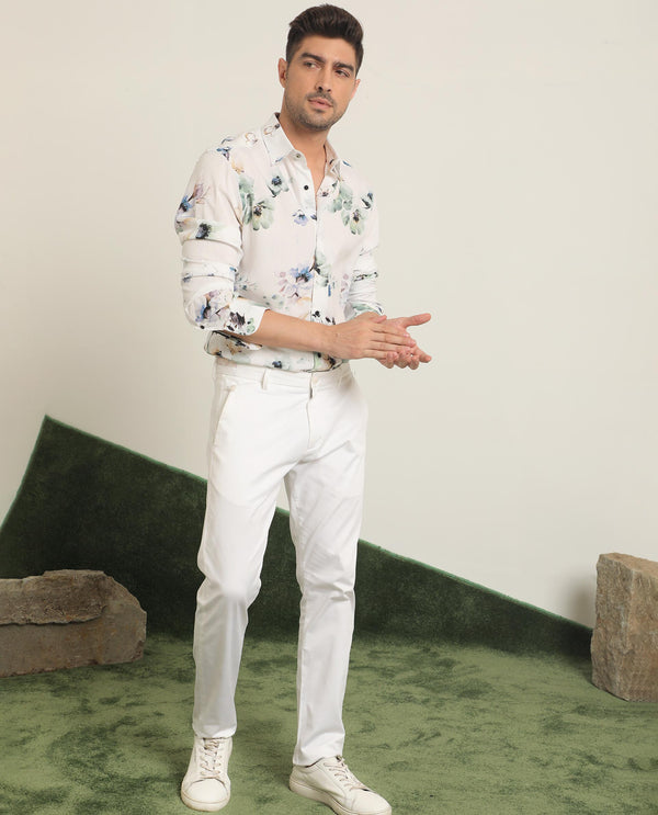 Rare Rabbit Men's Flowey White Viscose Fabric Full Sleeves Regular Fit Floral Print Shirt