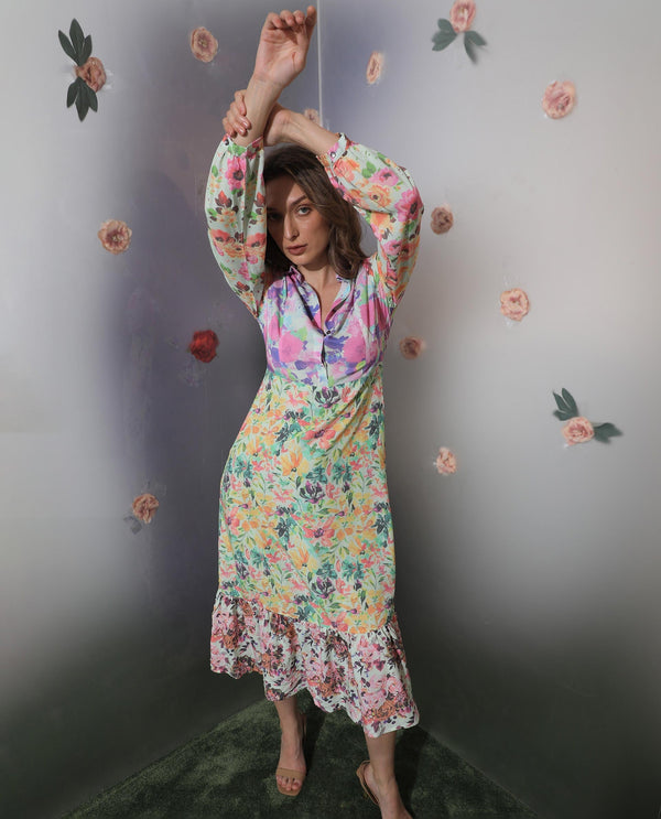Rareism Women Caliista Multi Viscose Fabric Full Sleeves Button Closure Shirt Collar Regular Fit Floral Print Maxi Tiered Dress