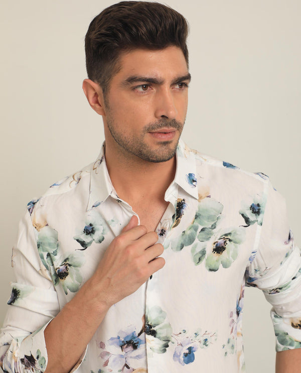 Rare Rabbit Men's Flowey White Viscose Fabric Full Sleeves Regular Fit Floral Print Shirt