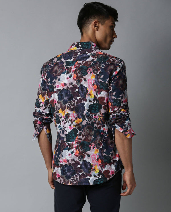 Rare Rabbit Men's Drakee White Cotton Fabric Floral Print Full Sleeves Shirt