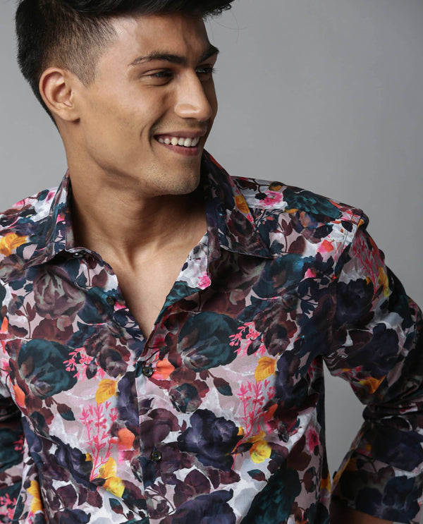 Rare Rabbit Men's Drakee White Cotton Fabric Floral Print Full Sleeves Shirt