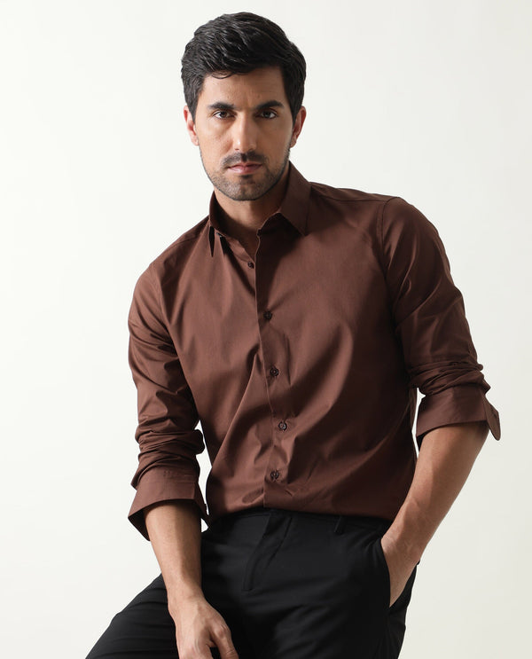 Rare Rabbit Mens Benedict Brown Cotton Stretch Drop Collar Full Sleeves Shirt