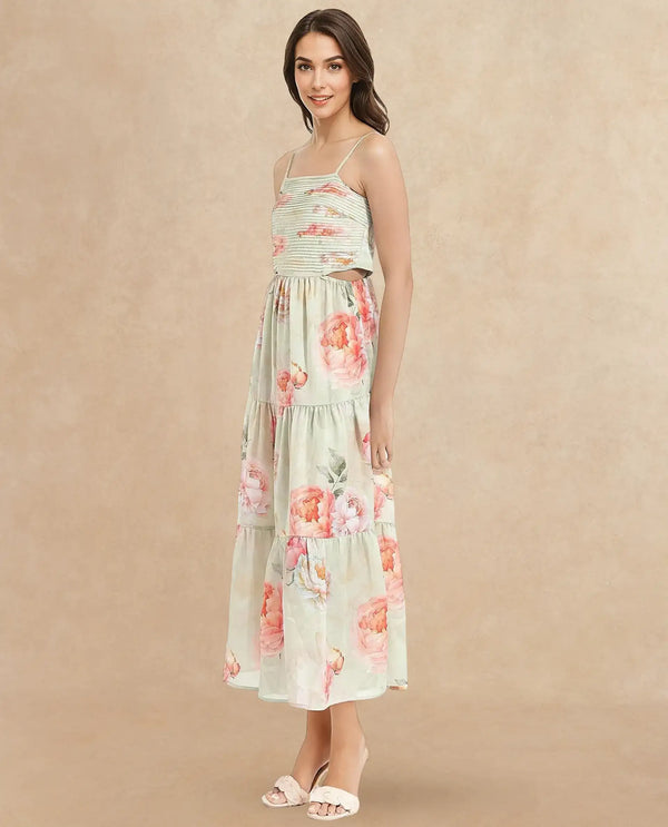 Rareism Women Imola Light Multi Sleeveless Shoulder Straps Zip Fit And Flare Maxi Floral Print Dress