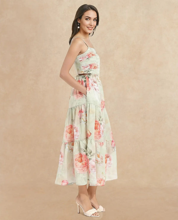Rareism Women Imola Light Multi Sleeveless Shoulder Straps Zip Fit And Flare Maxi Floral Print Dress