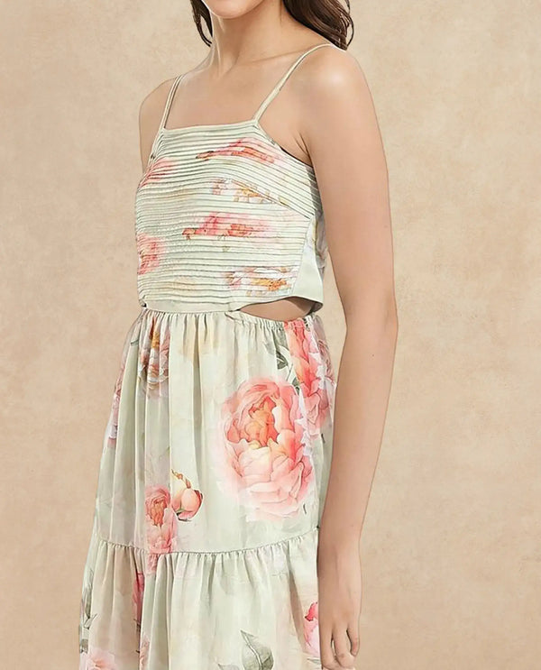 Rareism Women Imola Light Multi Sleeveless Shoulder Straps Zip Fit And Flare Maxi Floral Print Dress