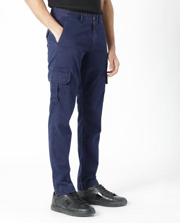 Rare Rabbit Men's Inbuil Navy Mid-Rise Regular Fit Cargo Trousers