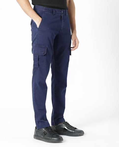 Rare Rabbit Men's Inbuil Navy Mid-Rise Regular Fit Cargo Trousers