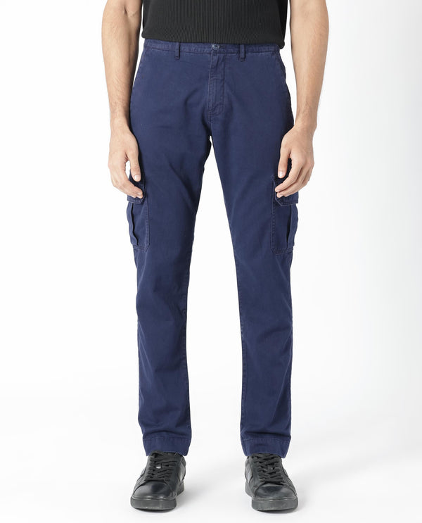 Rare Rabbit Men's Inbuil Navy Mid-Rise Regular Fit Cargo Trousers