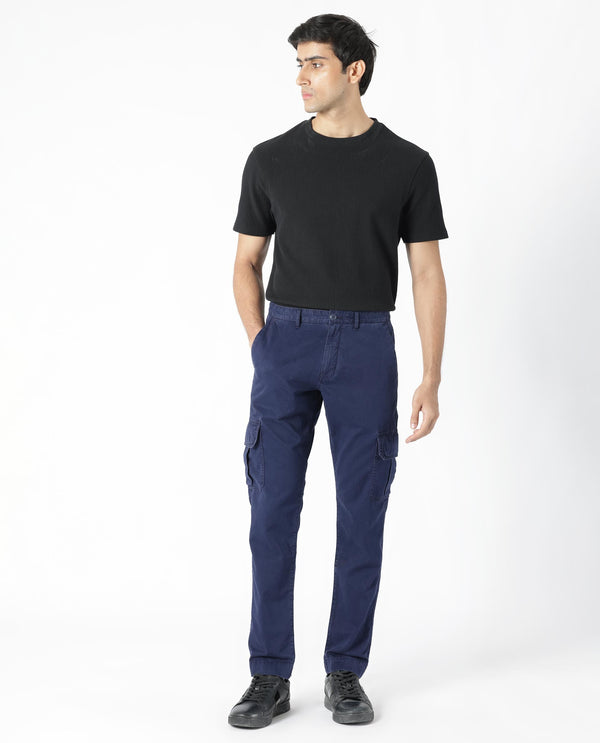 Rare Rabbit Men's Inbuil Navy Mid-Rise Regular Fit Cargo Trousers