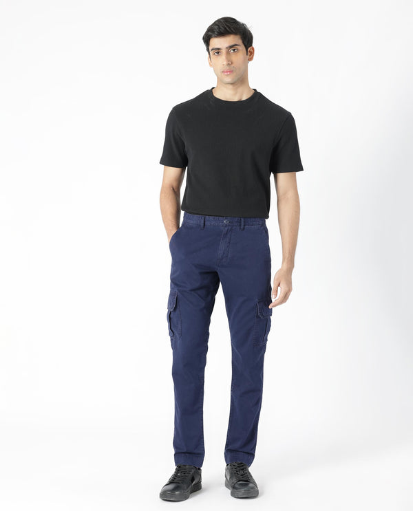 Rare Rabbit Men's Inbuil Navy Mid-Rise Regular Fit Cargo Trousers