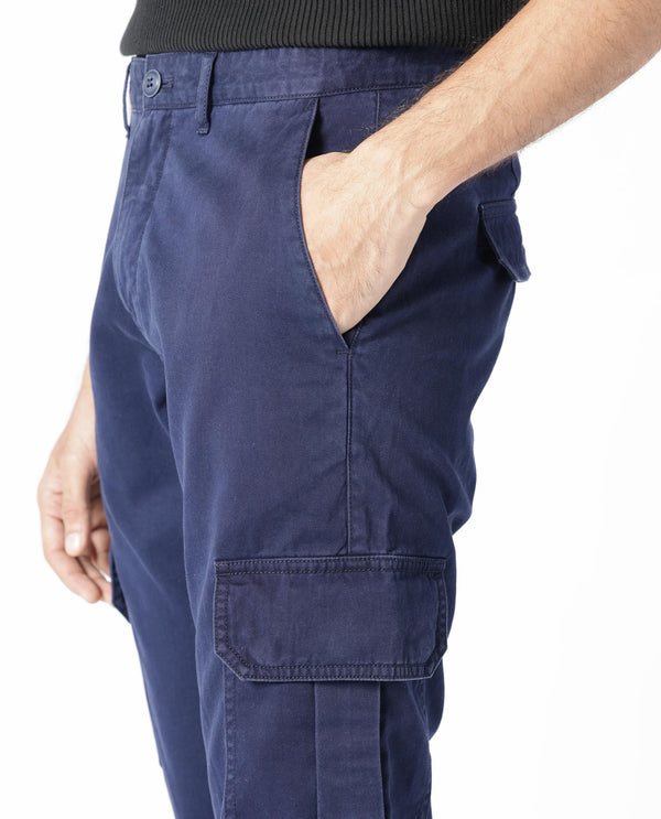 Rare Rabbit Men's Inbuil Navy Mid-Rise Regular Fit Cargo Trousers