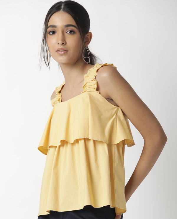 Rareism Women Indika Yellow Cotton Lycra Fabric Relaxed Fit Square Neck Sleeveless Solid Top