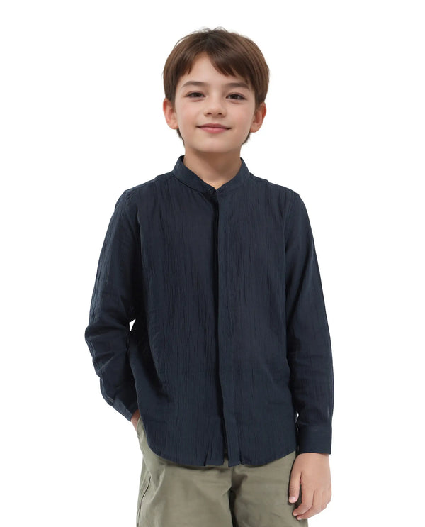 Rare Ones Kids Ines Dark Navy Cotton Long Sleeve Spread Collar Solid Shirt
