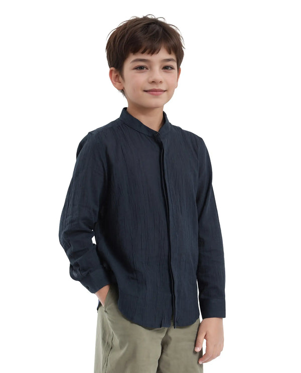 Rare Ones Kids Ines Dark Navy Cotton Long Sleeve Spread Collar Solid Shirt