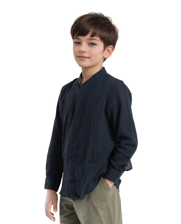 Rare Ones Kids Ines Dark Navy Cotton Long Sleeve Spread Collar Solid Shirt