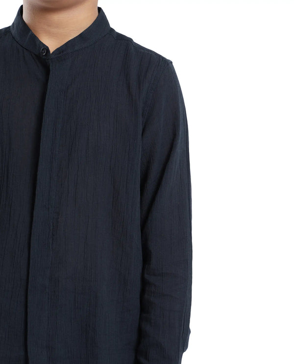 Rare Ones Kids Ines Dark Navy Cotton Long Sleeve Spread Collar Solid Shirt