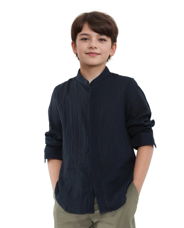 Rare Ones Kids Ines Dark Navy Cotton Long Sleeve Spread Collar Solid Shirt