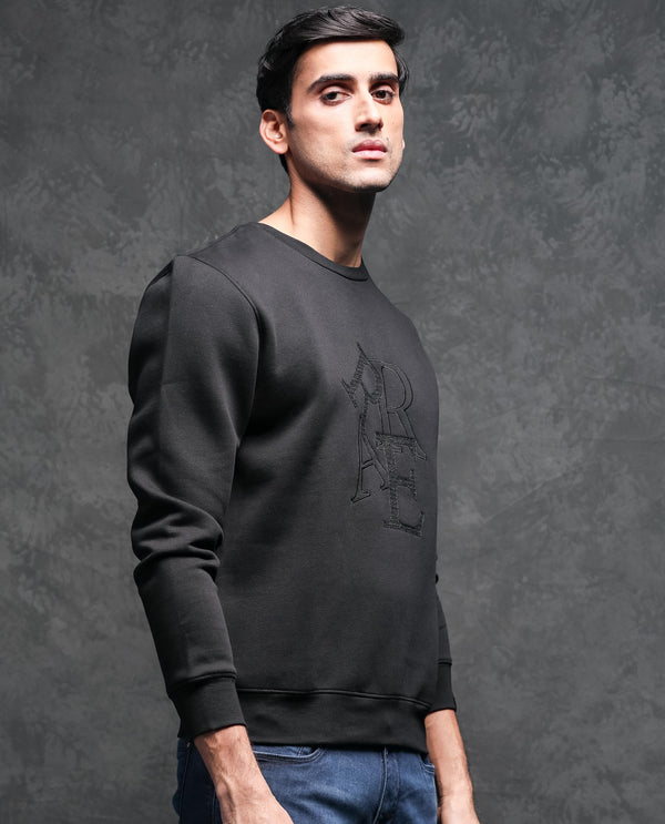 Rare Rabbit Mens Ingrid Black Cotton Polyester Fabric Crew Neck Full Sleeves Regular Fit Sweatshirt