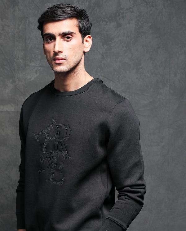Rare Rabbit Mens Ingrid Black Cotton Polyester Fabric Crew Neck Full Sleeves Regular Fit Sweatshirt