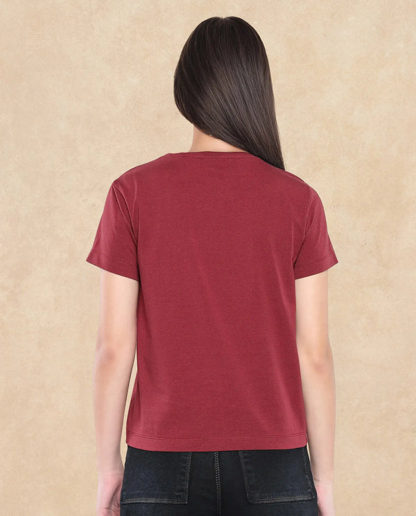 Rareism Women Inki Maroon Cotton Blend Fabric Short Sleeve Crew Neck Graphic Print T-Shirt