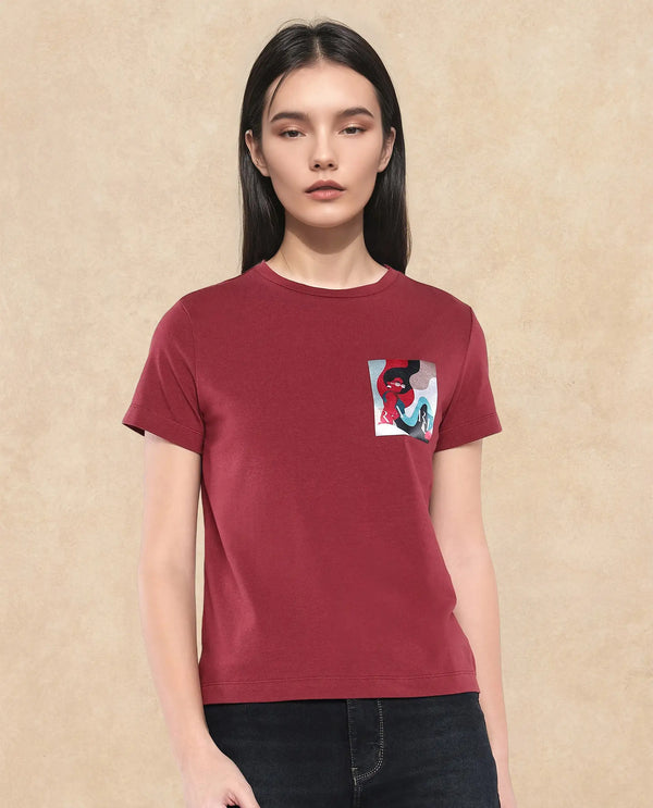 Rareism Women Inki Maroon Cotton Blend Fabric Short Sleeve Crew Neck Graphic Print T-Shirt
