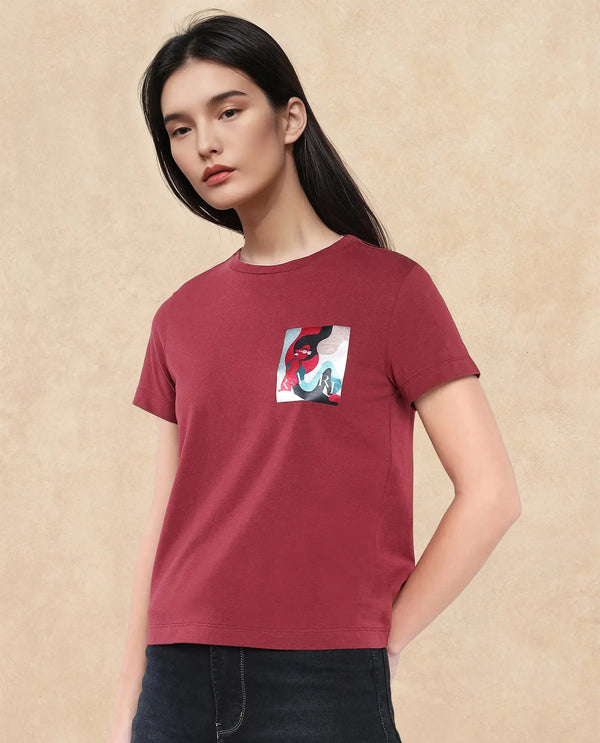 Rareism Women Inki Maroon Cotton Blend Fabric Short Sleeve Crew Neck Graphic Print T-Shirt