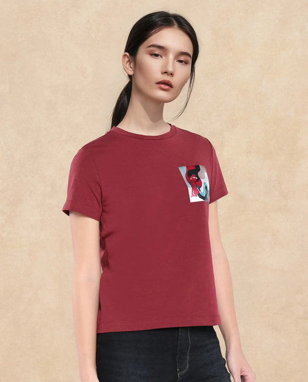 Rareism Women Inki Maroon Cotton Blend Fabric Short Sleeve Crew Neck Graphic Print T-Shirt