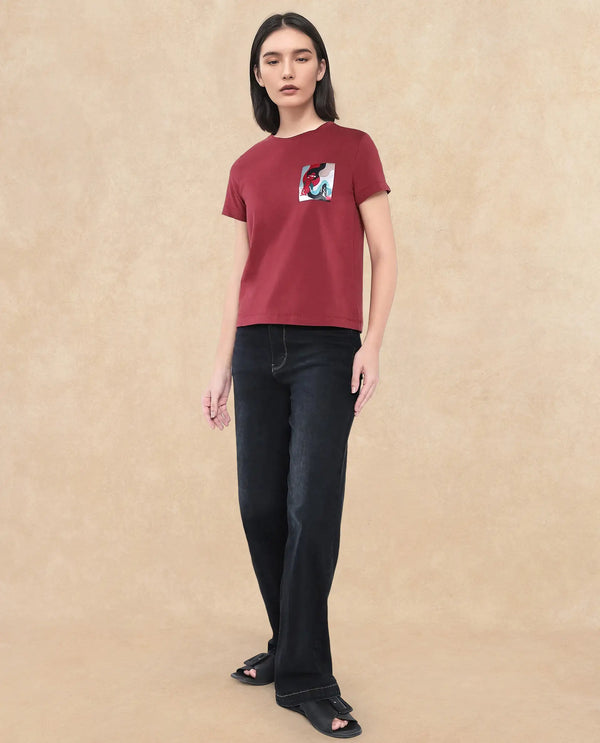 Rareism Women Inki Maroon Cotton Blend Fabric Short Sleeve Crew Neck Graphic Print T-Shirt