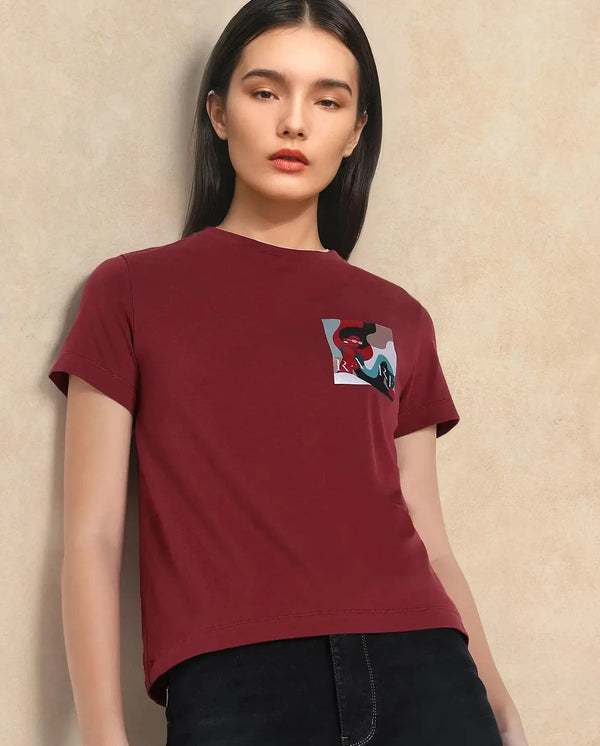 Rareism Women Inki Maroon Cotton Blend Fabric Short Sleeve Crew Neck Graphic Print T-Shirt