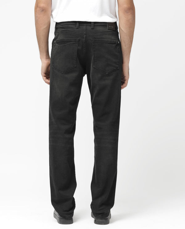 Rare Rabbit Men's Inky Black Regular Fit Mid Rise Dark Wash With Mild Whiskers Jeans